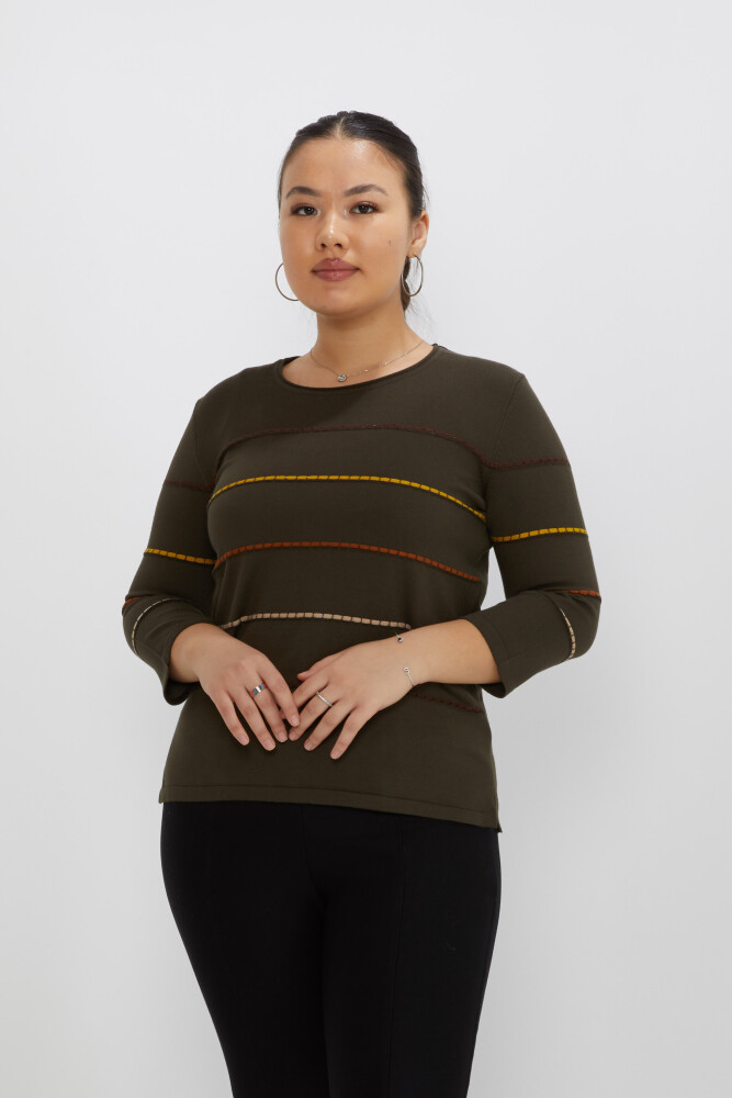 Pull en Maille Rayé Brodé Col Ras du Cou Vert-Café - 31392 | KAZEE (Lot de 3 M-L-XL) - 1