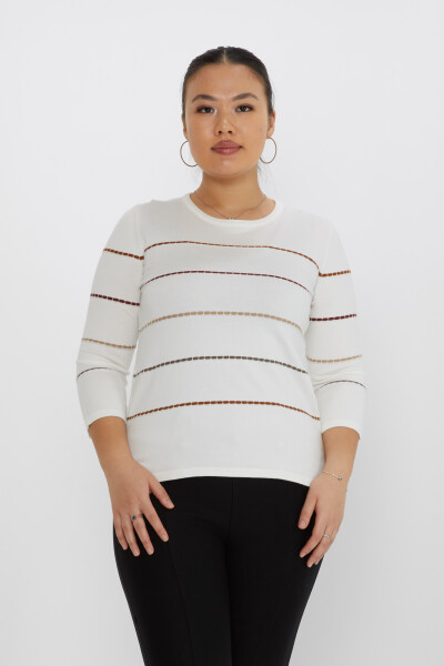 Pull Maille Rayé Brodé Col Ras Du Cou Ecru-Taba - 31392 | KAZEE (Lot de 3 M-L-XL) - 1