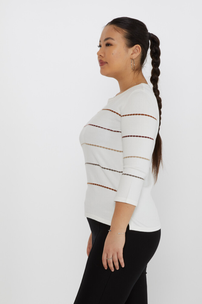 Pull Maille Rayé Brodé Col Ras Du Cou Ecru-Taba - 31392 | KAZEE (Lot de 3 M-L-XL) - 3