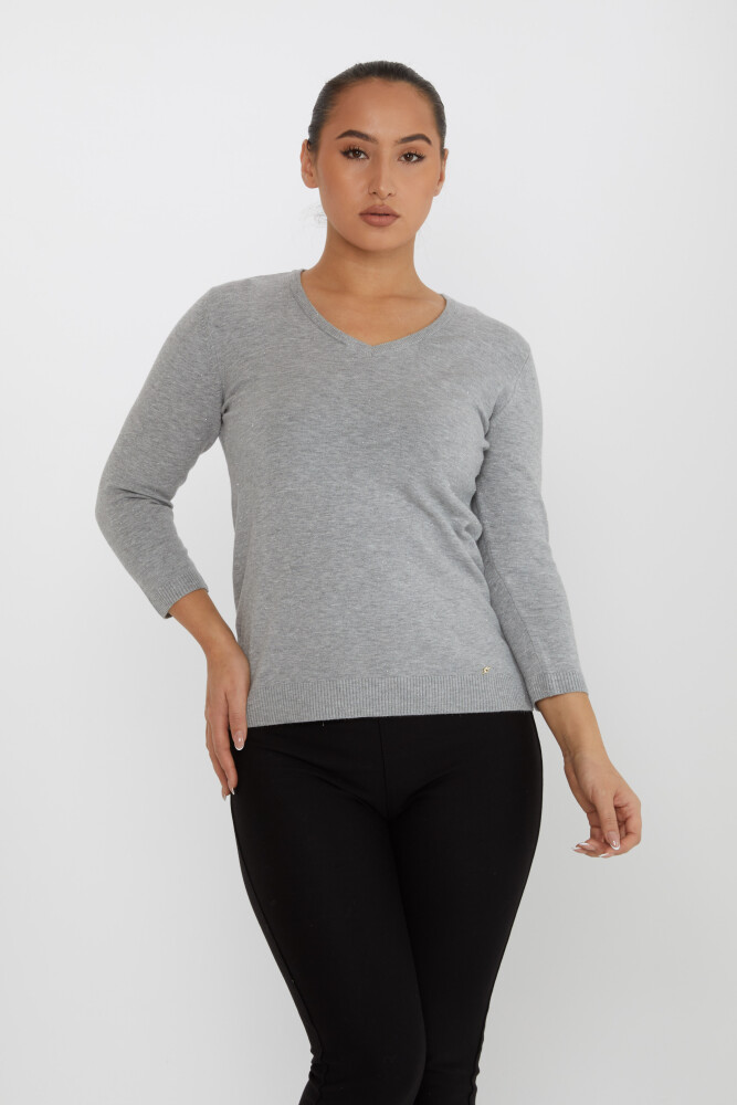 Pull en Maille avec Détail Pailleté Col en V Gris - 31515 | KAZEE (Lot de 3 M-L-XL) - 1