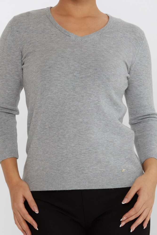 Pull en Maille avec Détail Pailleté Col en V Gris - 31515 | KAZEE (Lot de 3 M-L-XL) - 3