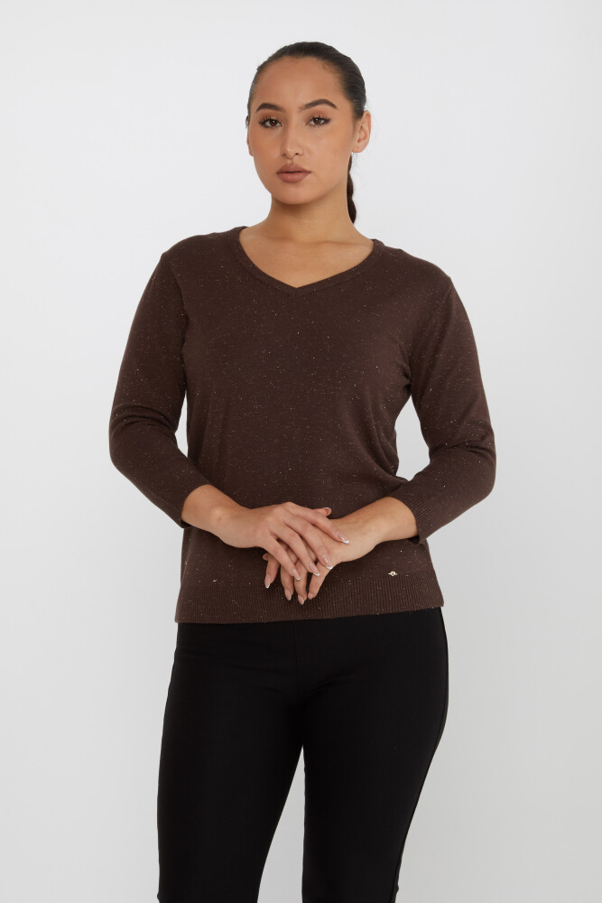 Pull en Maille avec Détail Pailleté Col en V Marron - 31515 | KAZEE (Lot de 3 M-L-XL) - 1