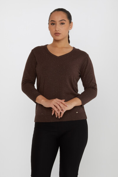 Pull en Maille avec Détail Pailleté Col en V Marron - 31515 | KAZEE (Lot de 3 M-L-XL) 