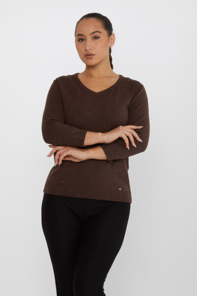 Pull en Maille avec Détail Pailleté Col en V Marron - 31515 | KAZEE (Lot de 3 M-L-XL) - 2