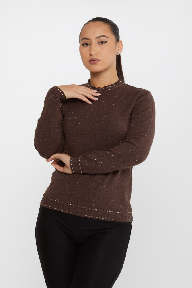 Pull en Maille avec Détail Pailleté Col Montant Marron - 31579 | KAZEE (Lot de 3 S-M-L) - 2