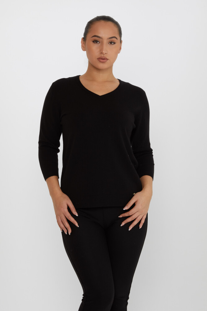 Pull en maille avec détail pailleté col en V noir - 31515 | KAZEE (Lot de 3 M-L-XL) - 1