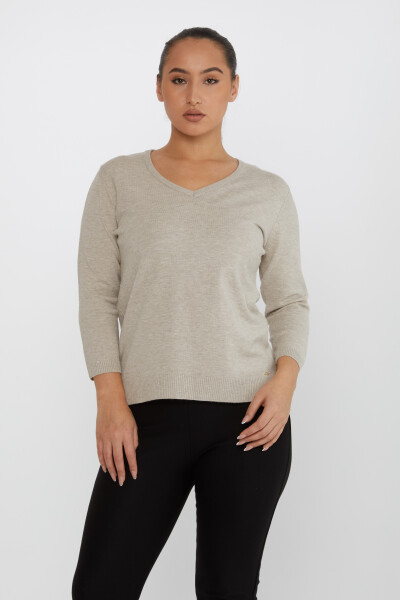 Pull en tricot avec détail pailleté col en V vison - 31515 | KAZEE (Lot de 3 M-L-XL) - 1