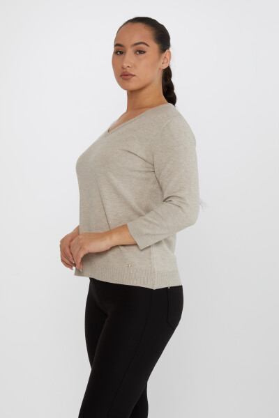 Pull en tricot avec détail pailleté col en V vison - 31515 | KAZEE (Lot de 3 M-L-XL) - 2