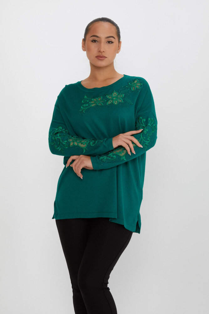 Pull en tricot pierre brodée à manches longues émeraude - 30527 | KAZEE (Lot de 4 L-XL-2XL-3XL) - 1