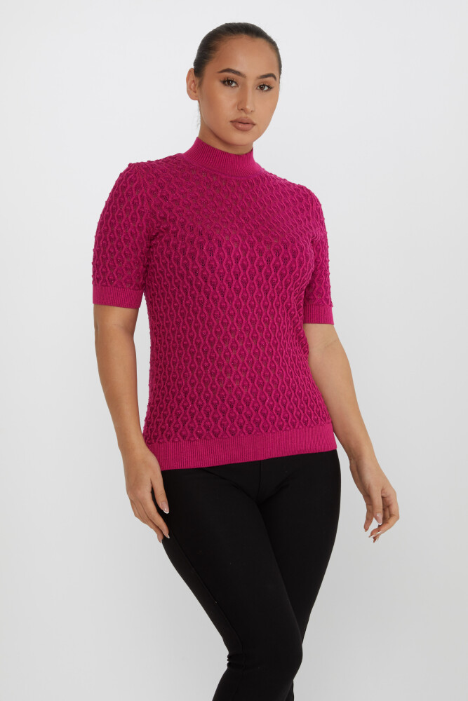 Pull en Maille Transparent Détaillé Manches Courtes Fuchsia - 30035 | KAZEE (Lot de 4 S-M-L-XL) - 1