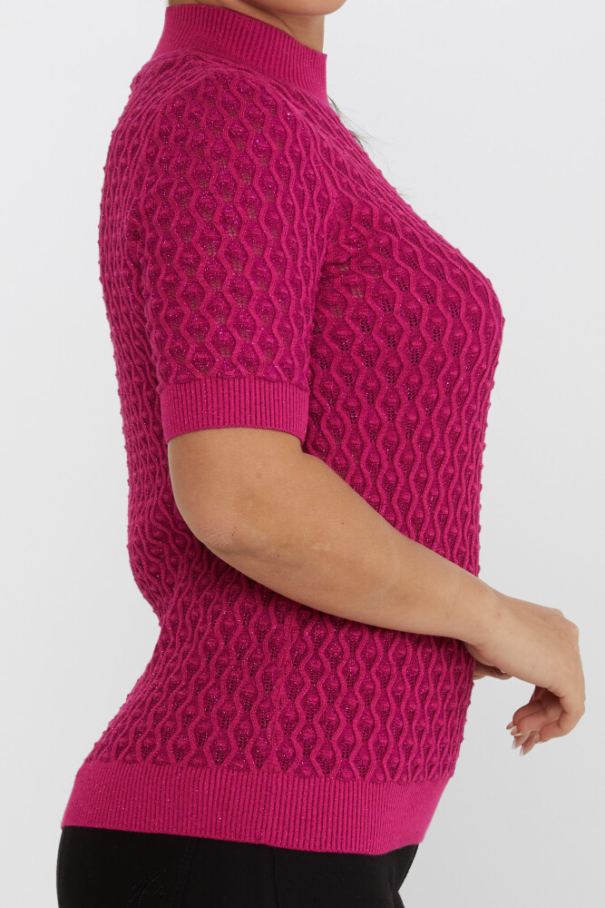 Pull en Maille Transparent Détaillé Manches Courtes Fuchsia - 30035 | KAZEE (Lot de 4 S-M-L-XL) - 4