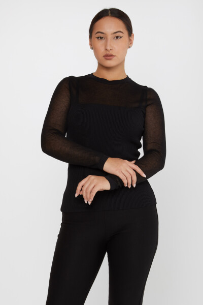 Pull en Maille avec Détail de Tulle Noir - 31305 | KAZEE (Lot de 3 S-M-L) - 2