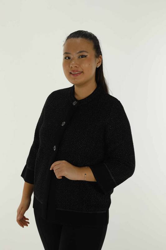 Cardigan En Maille Pailleté À Col Rond Noir - 30075 | KAZÉE