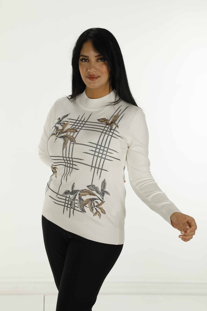 Stand Collar Stone Detailed Long Sleeve Knitwear Ecru - 30748 | KAZEE - 3