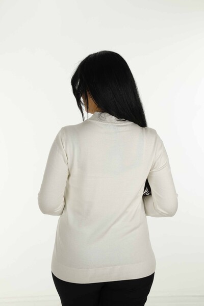 Stand Collar Stone Detailed Long Sleeve Knitwear Ecru - 30748 | KAZEE - Thumbnail