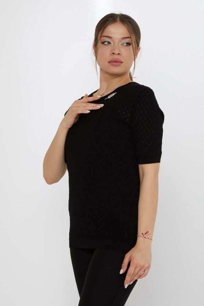Strickpullover Blattbrosche Schwarz - 31811 | KAZEE (3er-Set M-L-XL) - 2