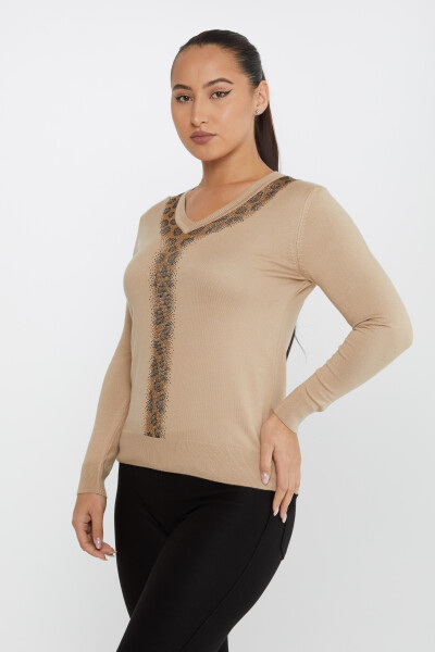 Strickpullover mit Leopardenmuster und Steinstickerei in Beige – 30749 | KAZEE (4er-Set M-L-XL-2XL) 