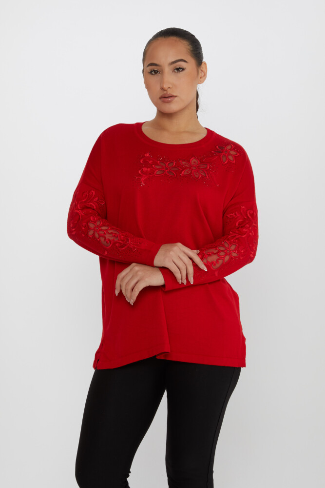 Strickpullover mit Steinstickerei Langarm Rot - 30527 | KAZEE (4er-Set L-XL-2XL-3XL) - 1