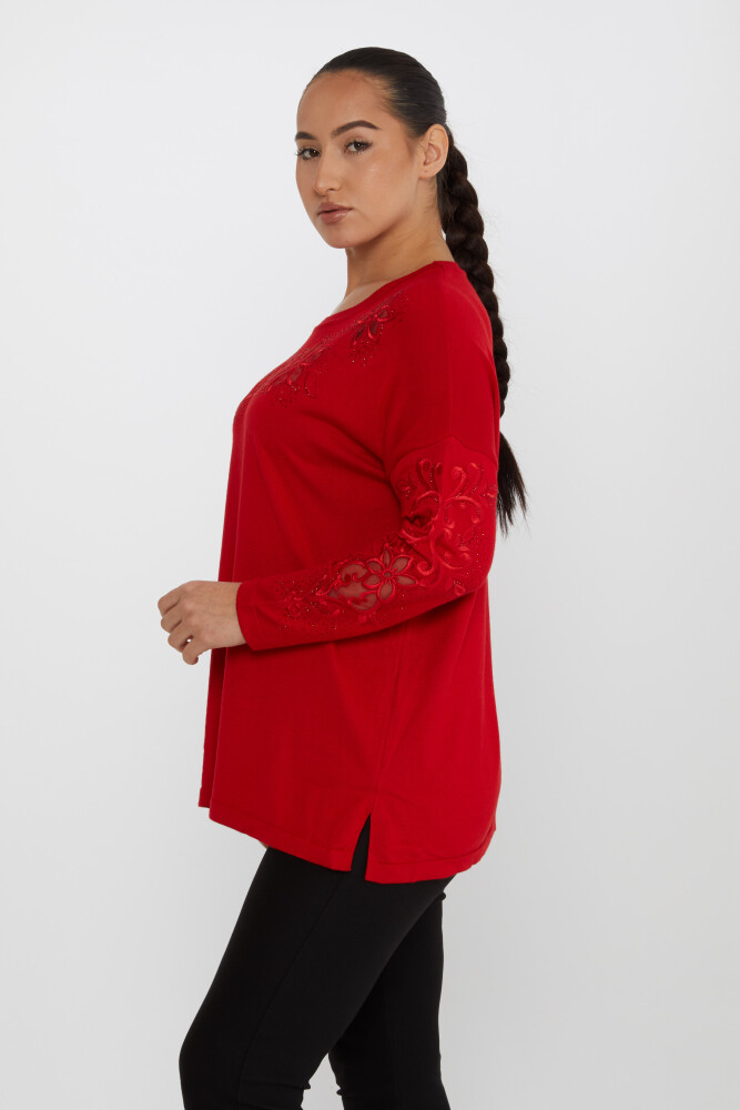 Strickpullover mit Steinstickerei Langarm Rot - 30527 | KAZEE (4er-Set L-XL-2XL-3XL) - 2