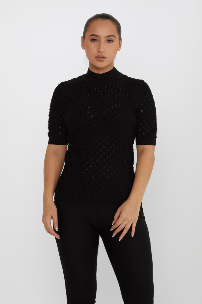 Strickpullover Transparent Detaillierte Kurzarm Schwarz - 30035 | KAZEE (4er-Set S-M-L-XL) - 1