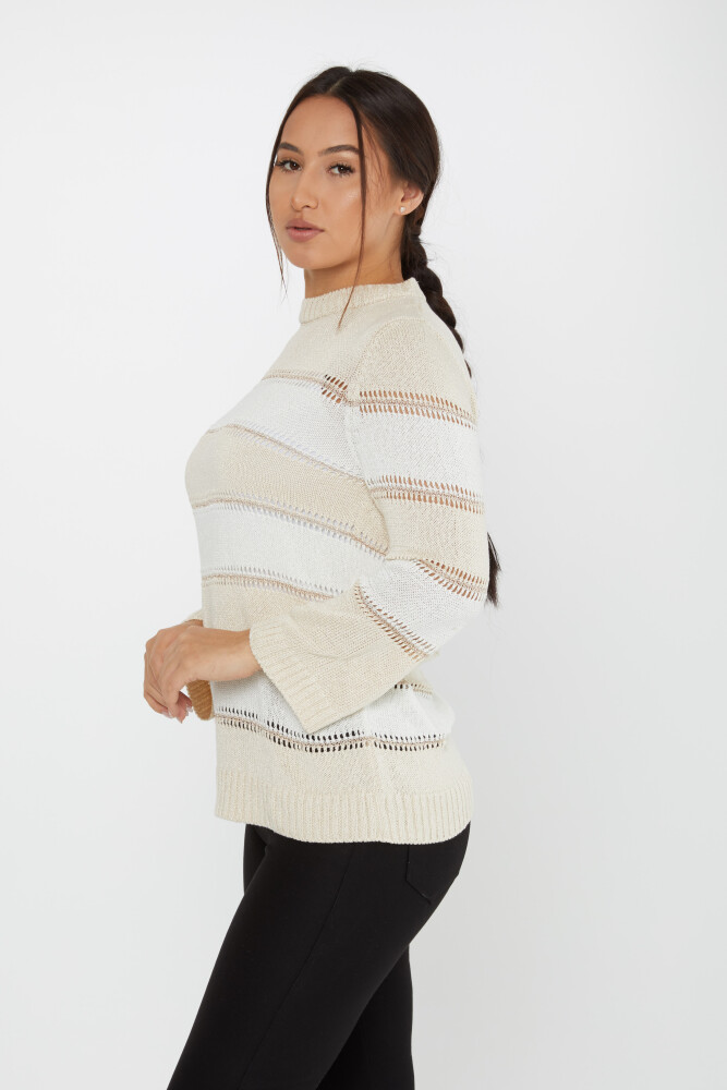 Strickpullover Zweifarbiger Rundhalsausschnitt Beige-Knochen - 30298 | KAZEE (3er-Set M-L-XL) - 2