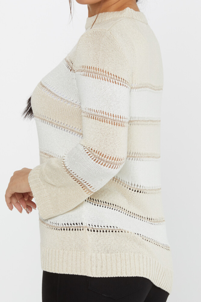 Strickpullover Zweifarbiger Rundhalsausschnitt Beige-Knochen - 30298 | KAZEE (3er-Set M-L-XL) - 5