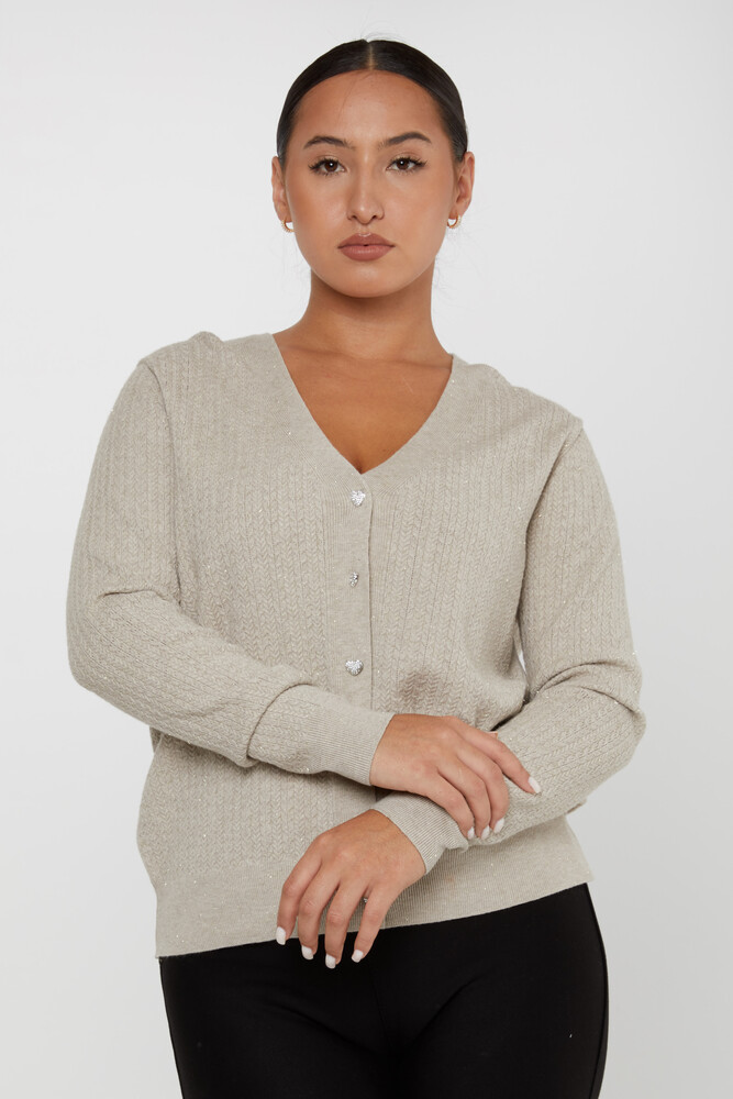 Strick-Cardigan mit Herzknöpfen und Steinen Beige - 31052 | KAZEE (4er-Set L-XL-2XL-3XL) - 2