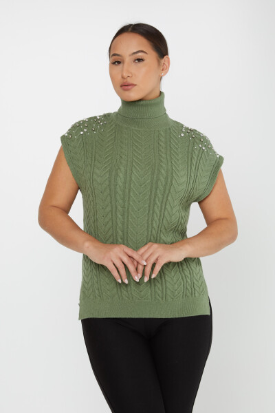 Strickpullover mit Ärmeln, Steindetails, kurzen Ärmeln, helles Khaki – 30242 | KAZEE (3er-Set S-M-L) - 2