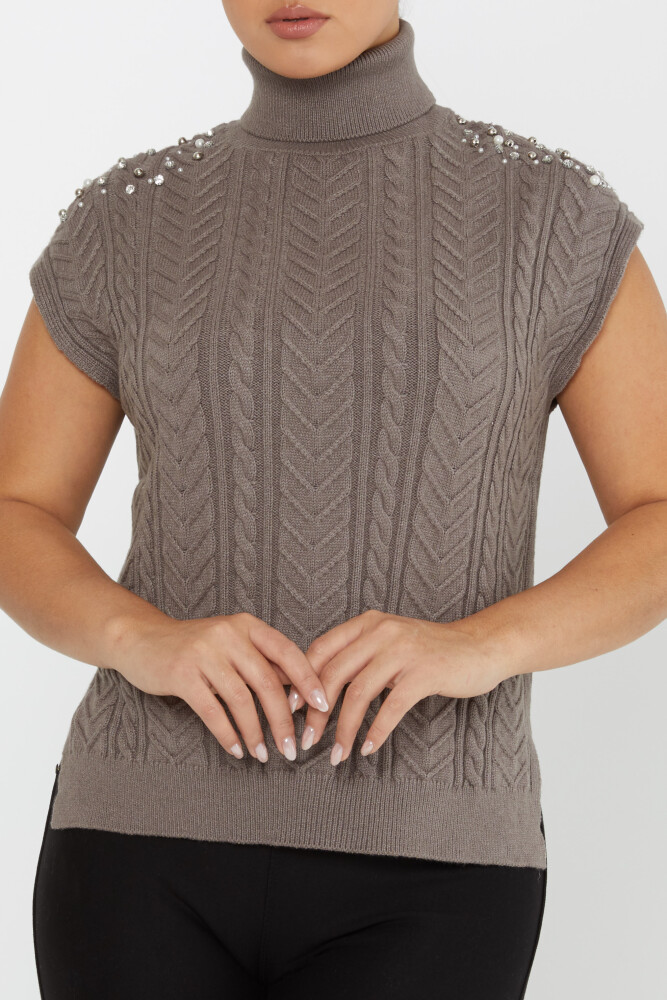 Strickpullover mit Ärmeln, Steindetails, kurzen Ärmeln, Nerz – 30242 | KAZEE (3er-Set S-M-L) - 3