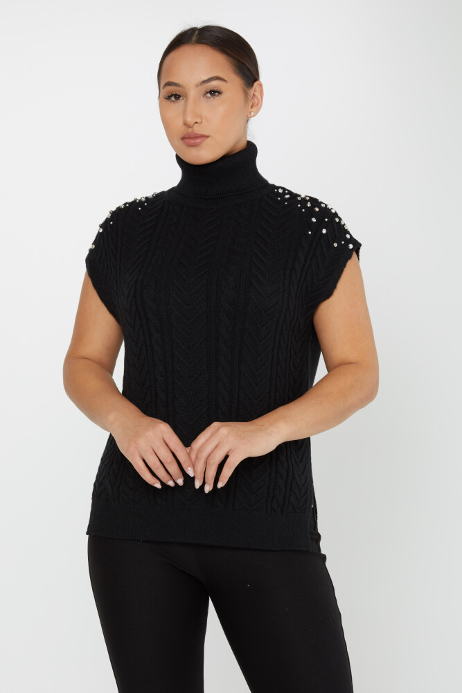 Strickpullover Ärmel Stone Detaillierte Kurzarm Schwarz - 30242 | KAZEE (3er-Set S-M-L) - 1