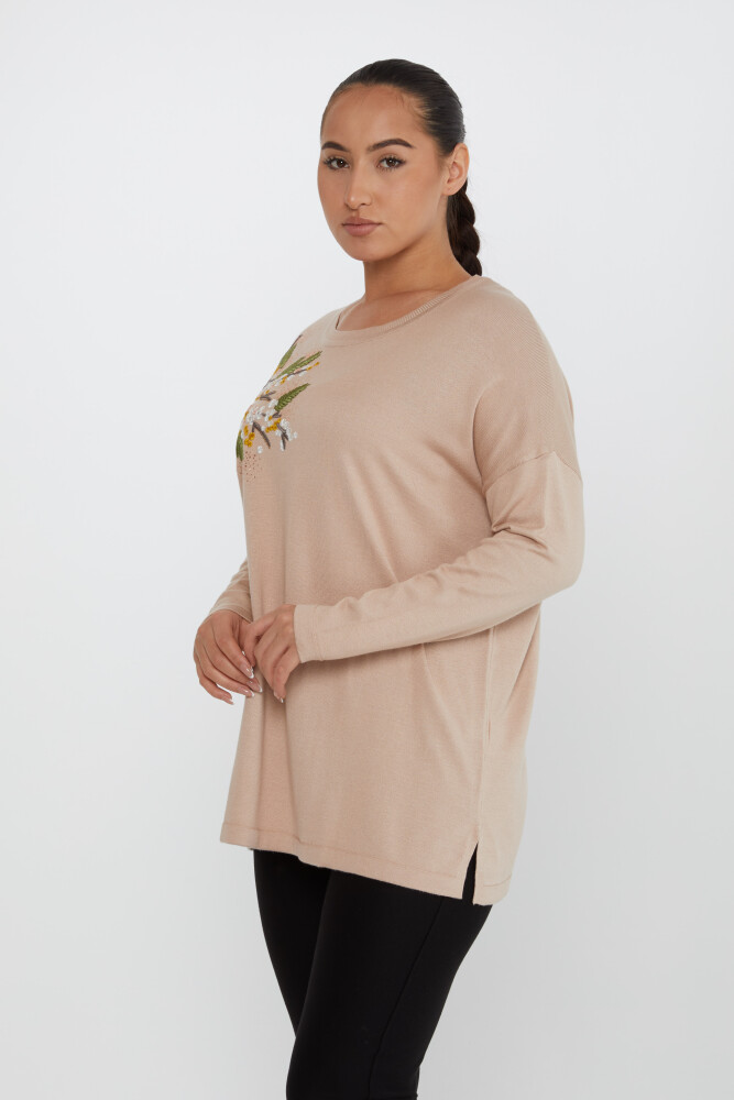 Strickpullover mit Blattstein-Stickerei Langarm Beige - 30750 | KAZEE (4er-Set L-XL-2XL-3XL) - 1