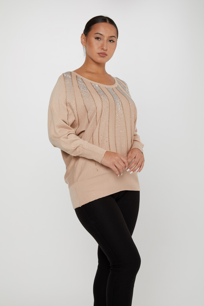 Strickpullover mit Fledermausärmeln, Steinstickerei, Puder – 30675 | KAZEE (4er-Set L-XL-2XL-3XL) - 1