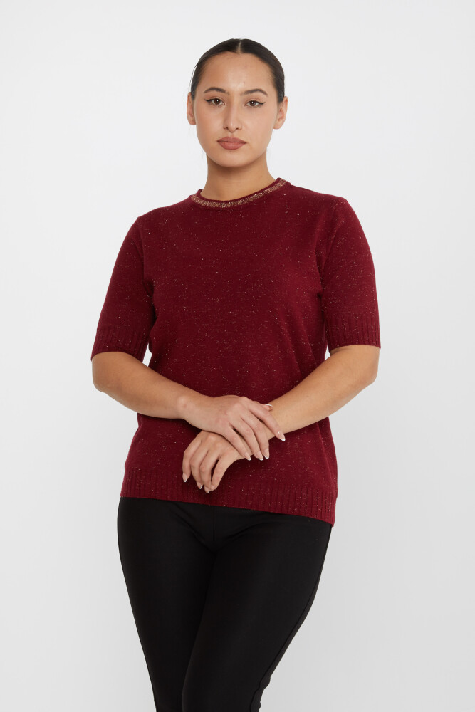 Strickpullover Kurzarm Glitzerdetailliertes Weinrot - 31611 | KAZEE (3er-Set S-M-L) - 1