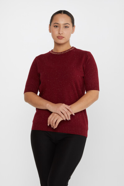 Strickpullover Kurzarm Glitzerdetailliertes Weinrot - 31611 | KAZEE (3er-Set S-M-L) 