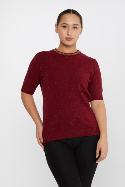 Strickpullover Kurzarm Glitzerdetailliertes Weinrot - 31611 | KAZEE (3er-Set S-M-L) - 2