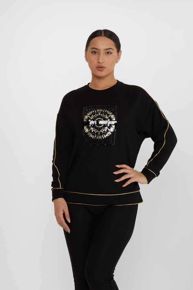 Sudadera con bordado de piedras y pedrería Negro-Oro - 2232 | KAZEE (Juego de 3 L-XL-2XL) - 2