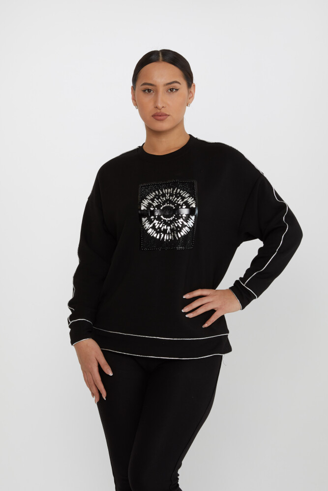 Sudadera con bordado de piedras y pedrería Negro-Plata - 2232 | KAZEE (Juego de 3 L-XL-2XL) - 2