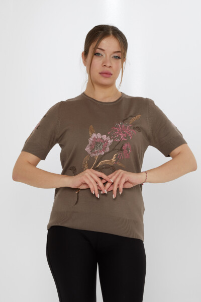 سترة محبوكة من قماش المنك مطرزة بالورود - 31725 | كازي (مجموعة من 3 مقاسات L-XL-2XL) - 2