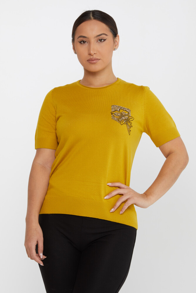 سترة تريكو بجيب الزهرة منقوشة باللون الزعفراني - 31594 | كازي (مجموعة من 3 L-XL-2XL) - 1