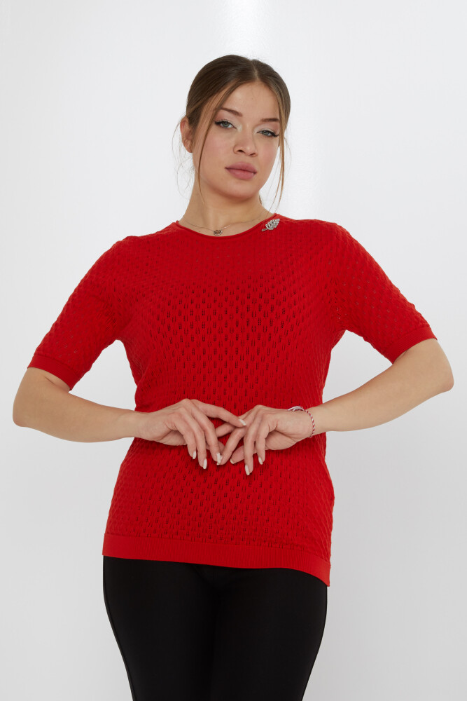 سترة تريكو حمراء مع بروش على شكل ورقة شجر - 31811 | كازي (مجموعة من 3 مقاسات M-L-XL) - 1