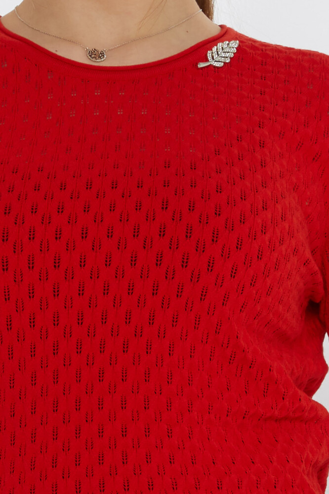 سترة تريكو حمراء مع بروش على شكل ورقة شجر - 31811 | كازي (مجموعة من 3 مقاسات M-L-XL) - 5