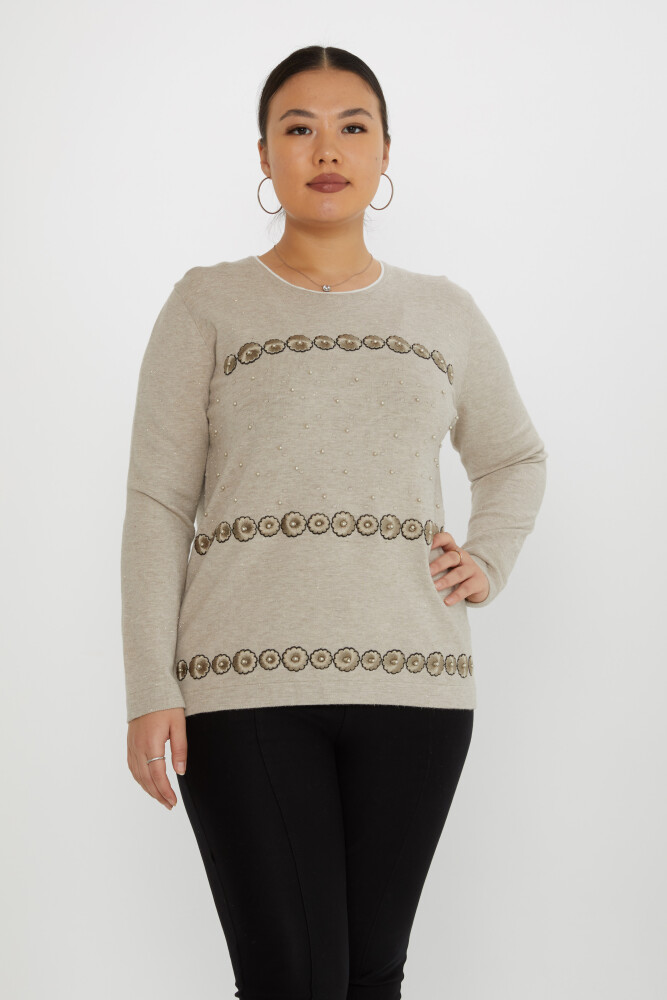 سترة تريكو مطرزة باللؤلؤ بيج - 31719 | كازي (مجموعة من 3 XL-2XL-3XL) - 1