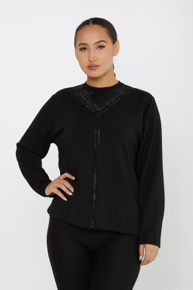 سويت شيرت بياقة حجرية مطرزة باللون الأسود - 2231 | كازي (مجموعة من 3 L-XL-2XL) - 1