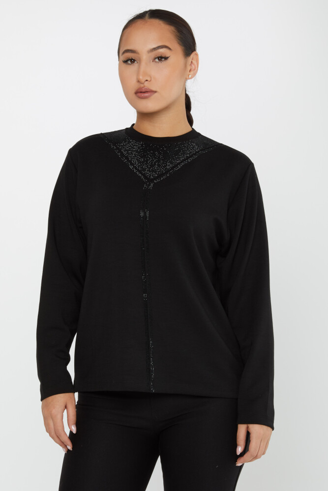 سويت شيرت بياقة حجرية مطرزة باللون الأسود - 2231 | كازي (مجموعة من 3 L-XL-2XL) - 2