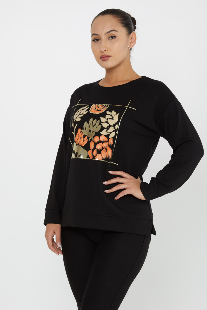 Sweatshirt mit Blumenmuster, Schlitzdetails, Schwarz – 17807 | KAZEE (3er-Set M-L-XL) - 1