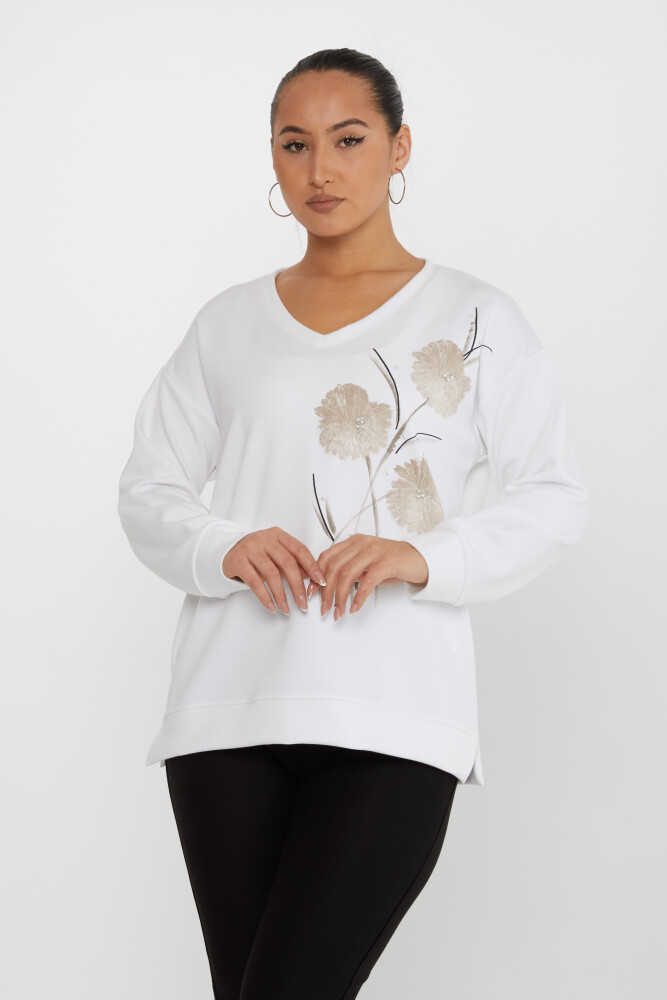 Sweatshirt Boncuk İşlemeli Ekru - 17817 | KAZEE (3'lü Set L-XL-2XL) - 1