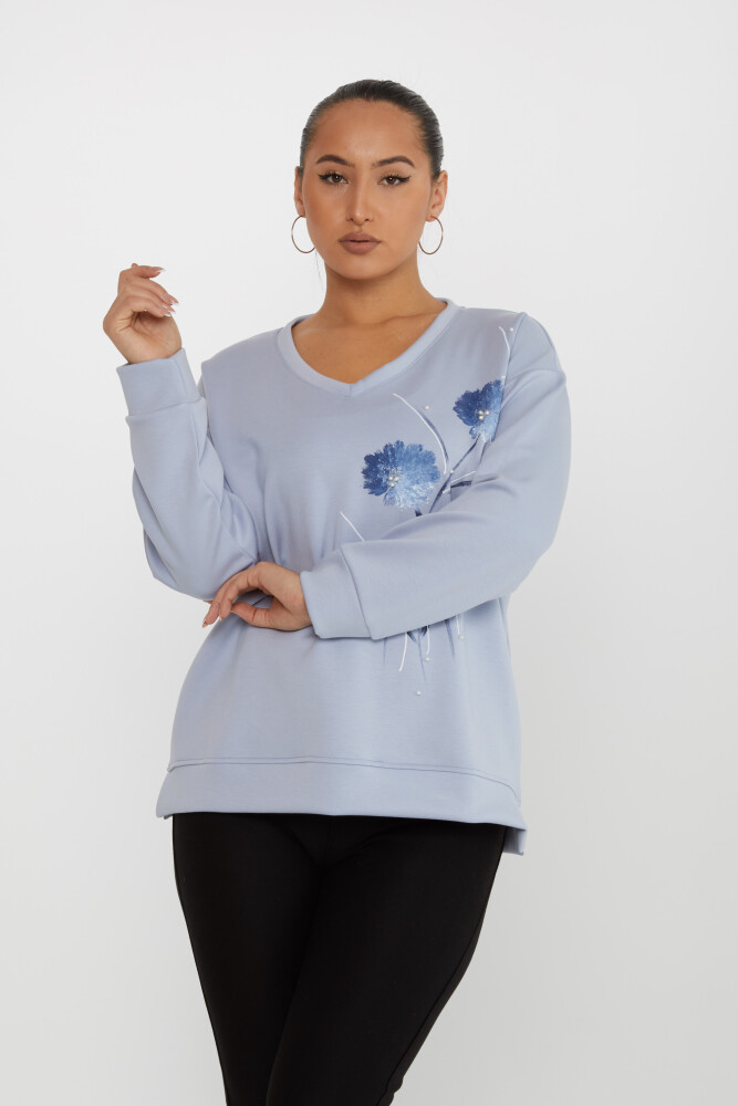 Sweatshirt Boncuk İşlemeli Mavi - 17817 | KAZEE (3'lü Set L-XL-2XL) - 1