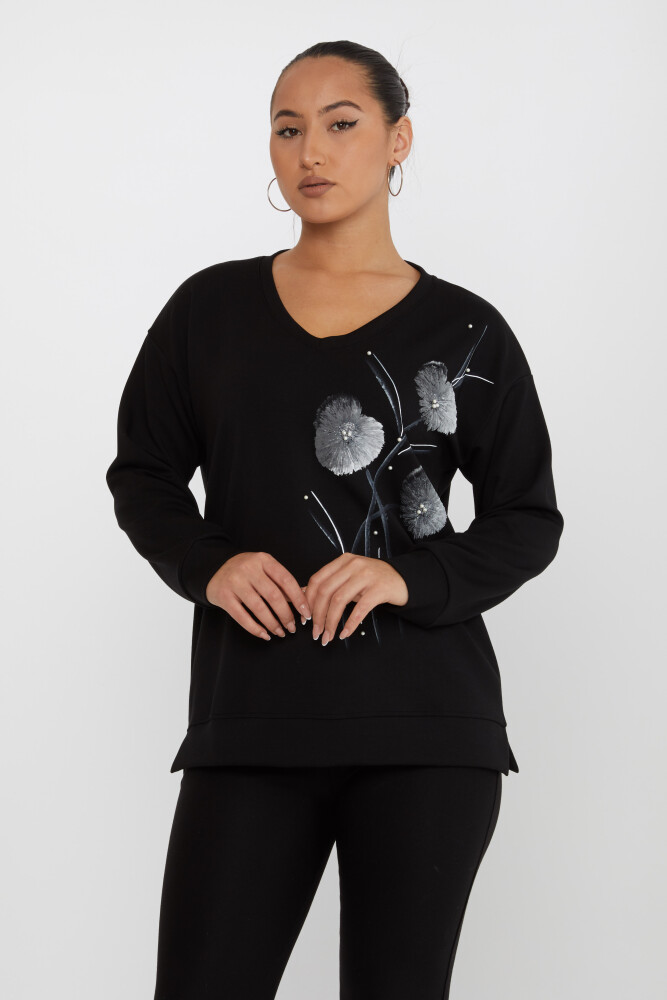 Sweatshirt Boncuk İşlemeli Siyah - 17817 | KAZEE (3'lü Set L-XL-2XL) - 1