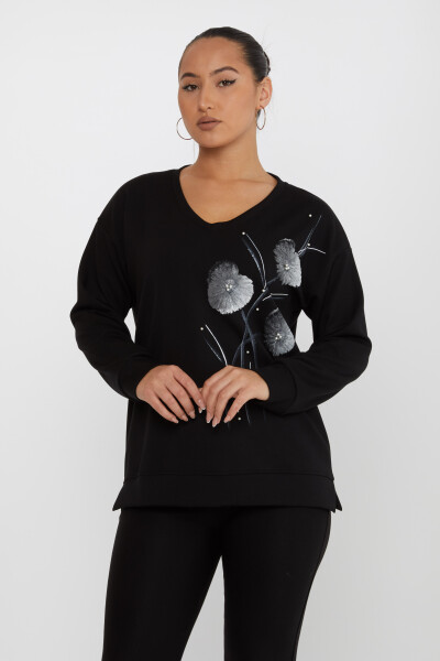 Sweatshirt Boncuk İşlemeli Siyah - 17817 | KAZEE (3'lü Set L-XL-2XL) 