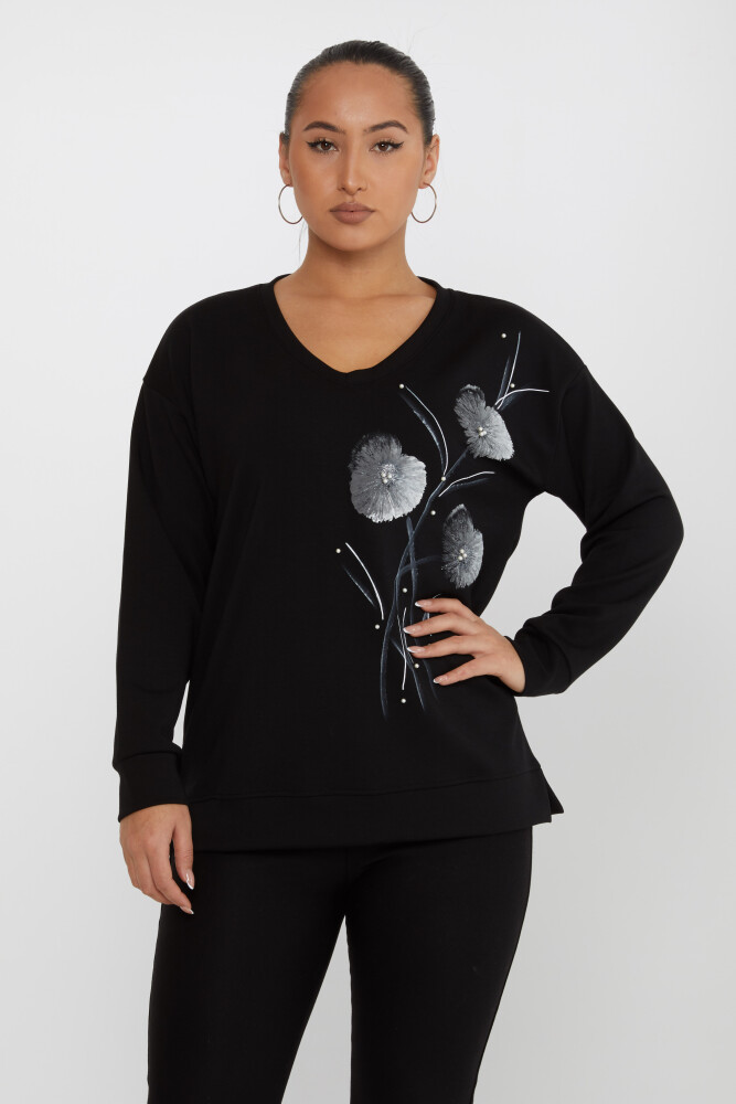 Sweatshirt Boncuk İşlemeli Siyah - 17817 | KAZEE (3'lü Set L-XL-2XL) - 2